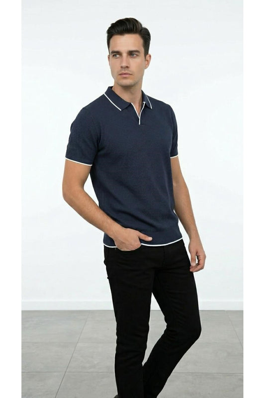 Erkek Pike Dokulu Triko Polo Yaka Tişört Slim Fit Şerit Detaylı Yazlık Model - Lacivert