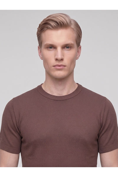 Erkek Bisiklet Yaka Kısa Kollu Triko Tişört – Slim Fit Modern Kesim Yazlık T-Shirt - Kahverengi
