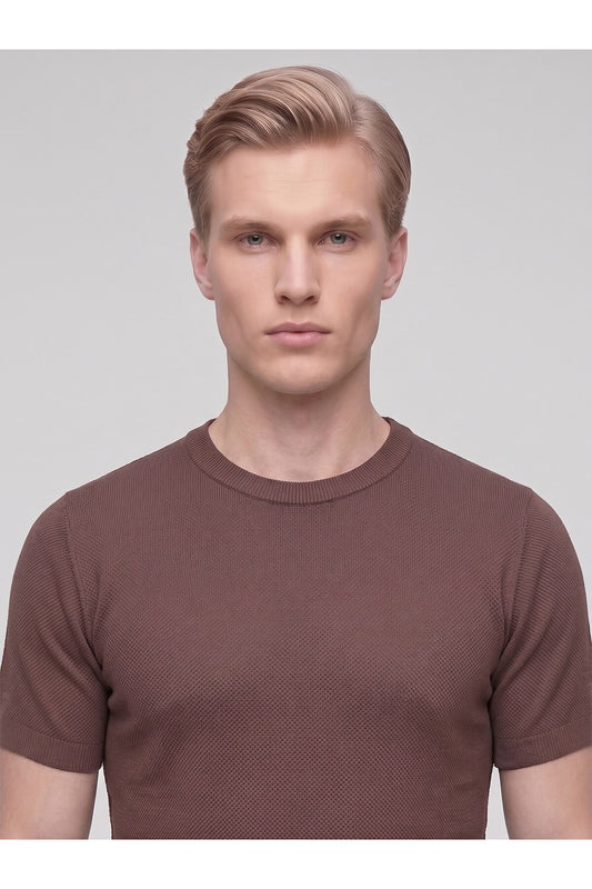 Erkek Bisiklet Yaka Kısa Kollu Triko Tişört – Slim Fit Modern Kesim Yazlık T-Shirt - Kahverengi