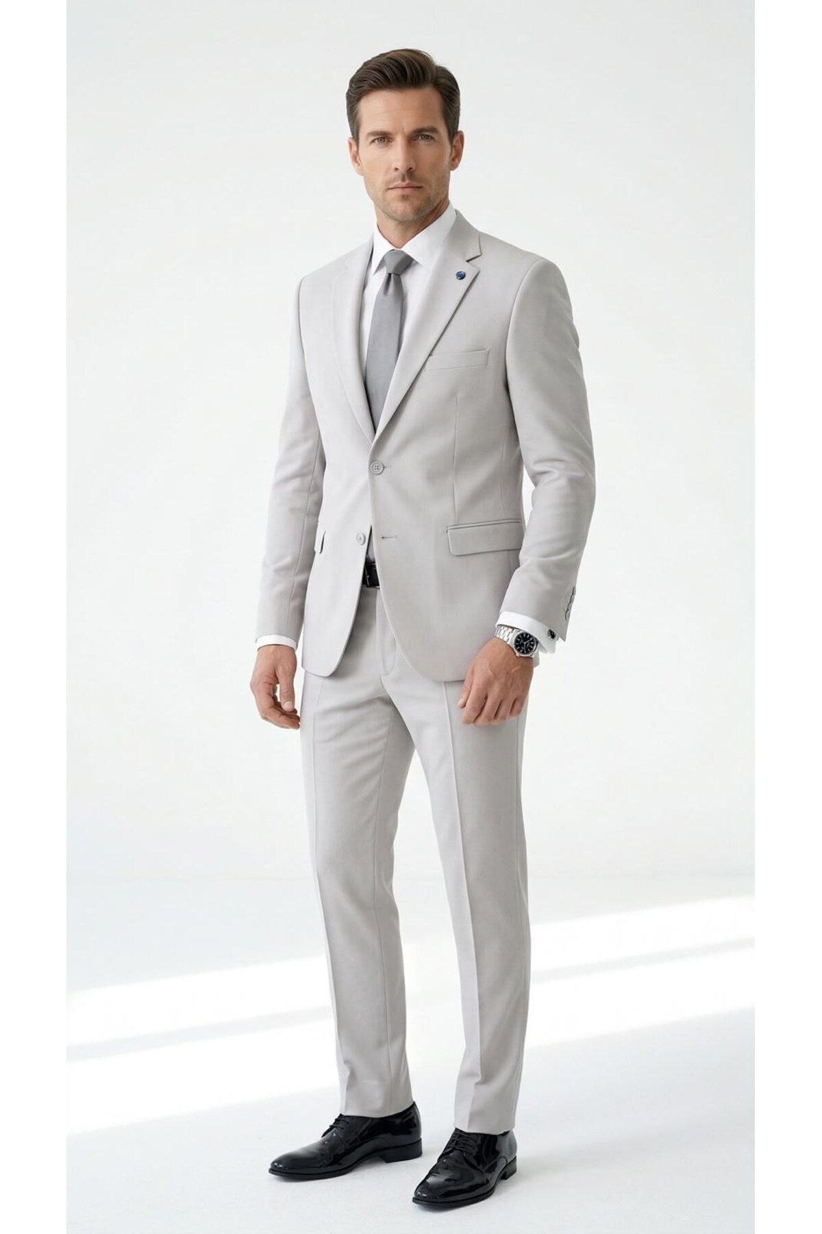 Erkek Klasik 2’li Takım Elbise 2 Düğmeli Slim Fit Esnek Kumaş Çift Yırtmaçlı 7 Drop - Gri