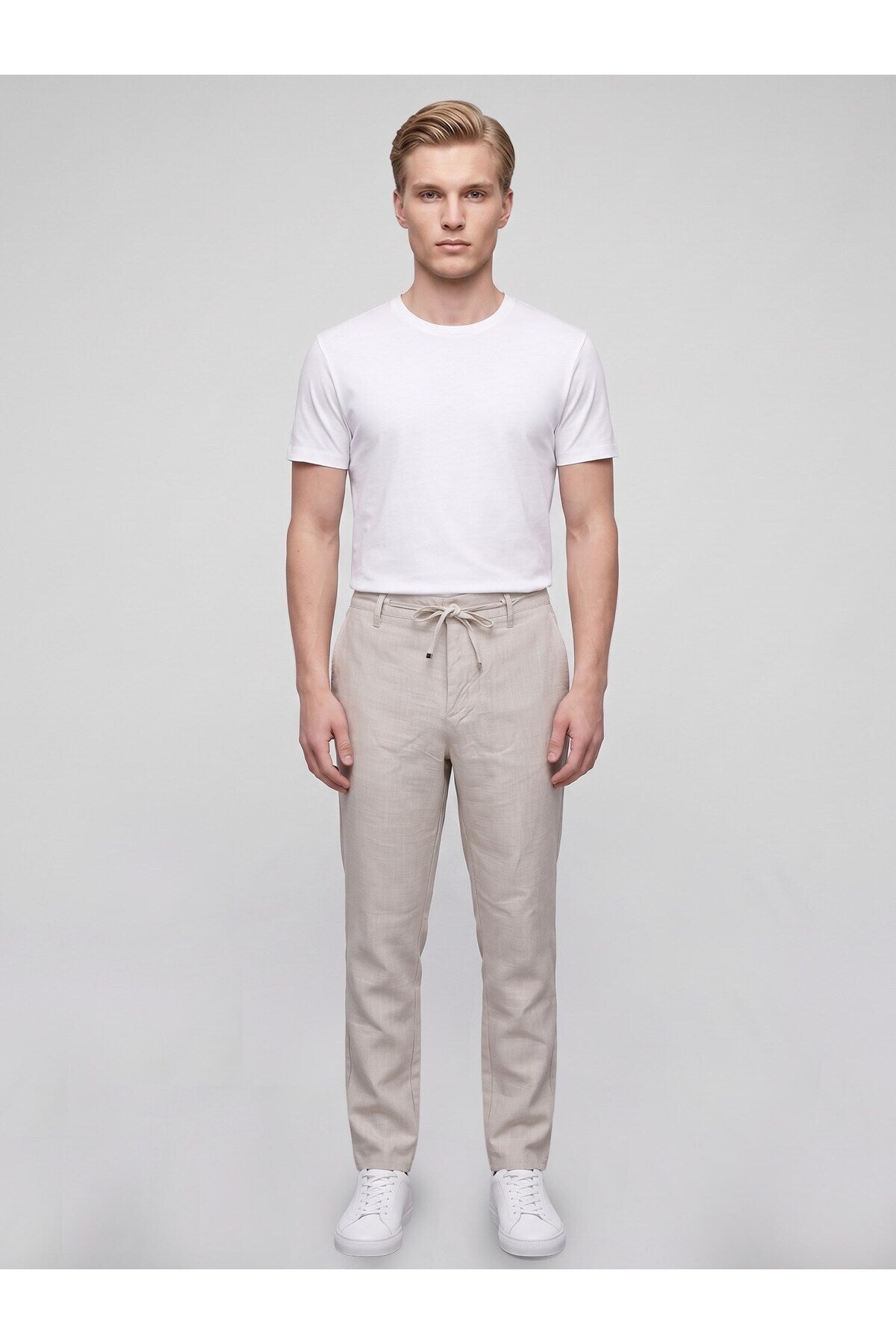 Erkek Keten Pantolon – Bağcıklı Bel, Slim Fit Rahat Kesim Yazlık Pantolon - Bej