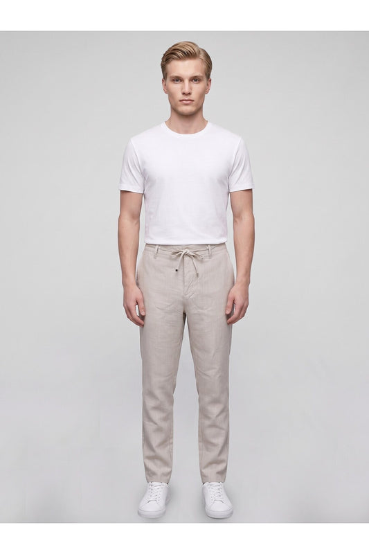 Erkek Keten Pantolon – Bağcıklı Bel, Slim Fit Rahat Kesim Yazlık Pantolon - Bej