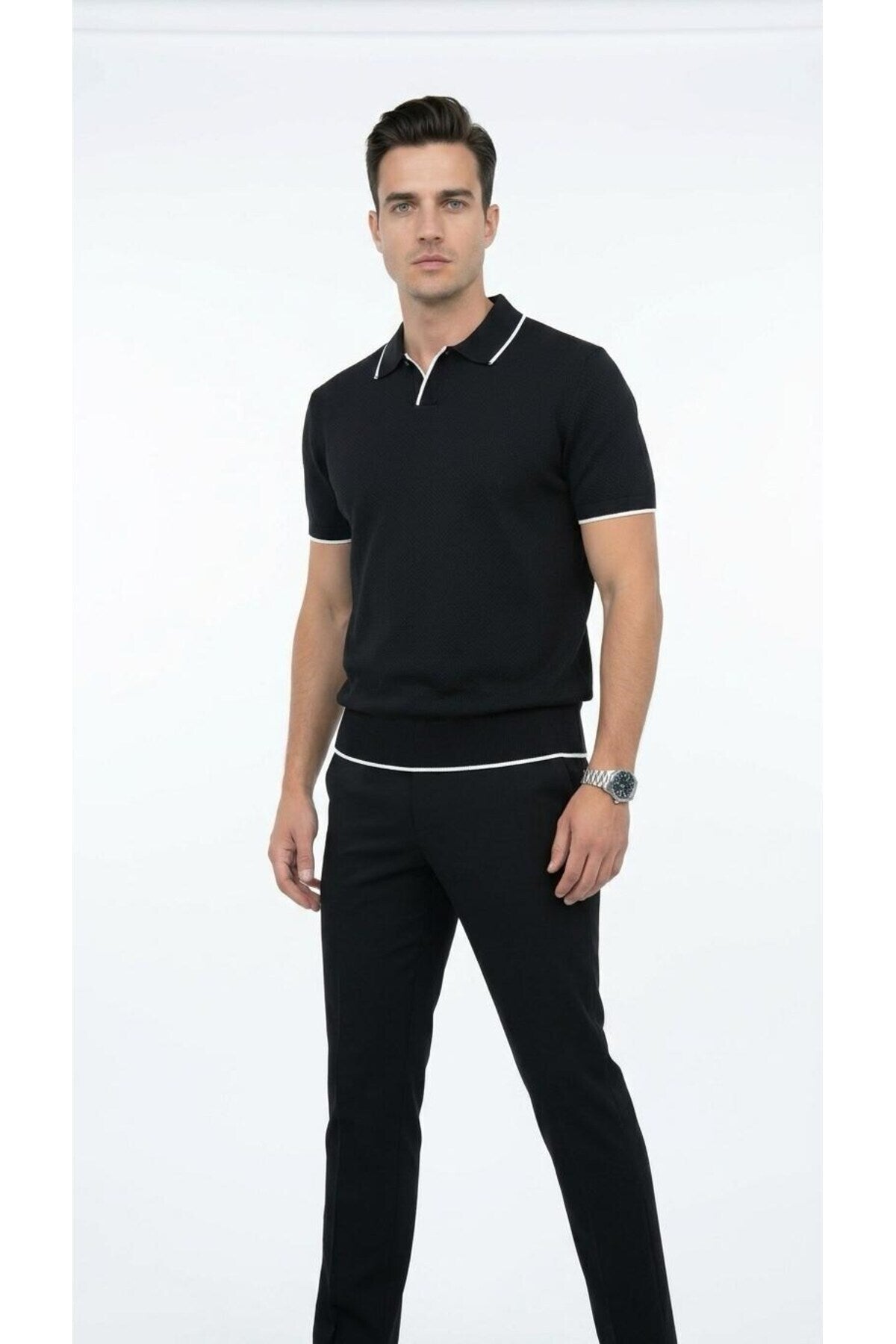Erkek Pike Dokulu Triko Polo Yaka Tişört Slim Fit Şerit Detaylı Yazlık Model - Siyah