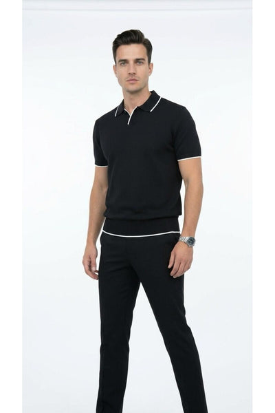 Erkek Pike Dokulu Triko Polo Yaka Tişört Slim Fit Şerit Detaylı Yazlık Model - Siyah