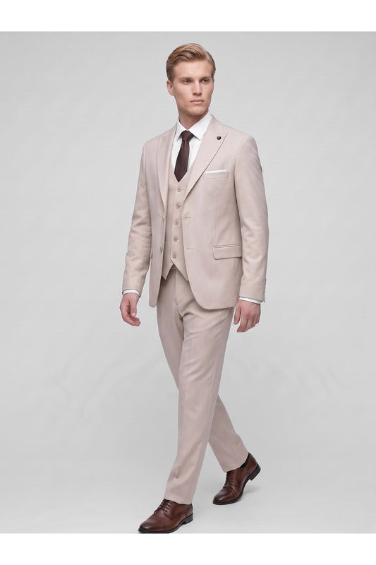 Erkek 3 Parça Slim Fit Çift Yırtmaçlı Takım Elbise Yelekli Şık Klasik Takım 6 Drop - Bej