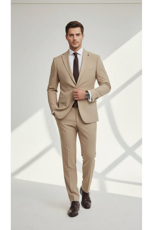 Erkek Slim Fit Mikro Desenli Takım Elbise 2 Düğmeli Çift Yırtmaçlı Modern Ceket Pantolon Takım - Bej