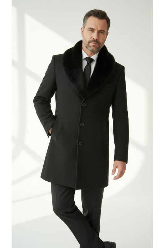 Erkek Uzun Kaşe Kaban – Çıkartılabilir Kürk Yaka, Astarlı ve Cepli Slim Fit Mont (Bej, - Siyah