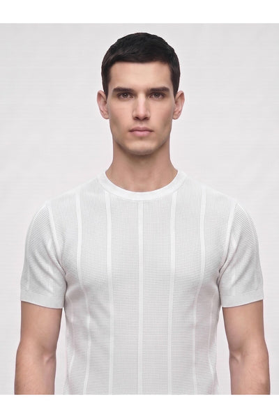 Erkek Bisiklet Yaka Kısa Kollu Triko Tişört – Dokulu Örgü Modern Kesim Yazlık T-Shirt - Beyaz