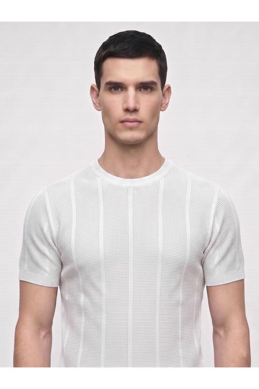 Erkek Bisiklet Yaka Kısa Kollu Triko Tişört – Dokulu Örgü Modern Kesim Yazlık T-Shirt - Beyaz
