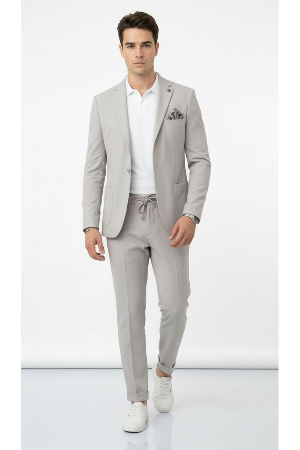 Pike Kumaş Jogger Pantolonlu Erkek Takım Elbise – Torba Cepli Tek Düğme Slim Fit Kombin - Gri