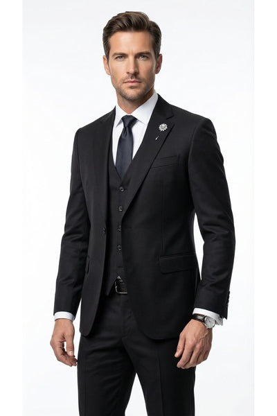 Erkek Klasik Slim Fit Takım Elbise – Notch Yaka, Yaka Punto Dikişli, Tek Düğmeli, Çift Yırtmaçlı - Siyah