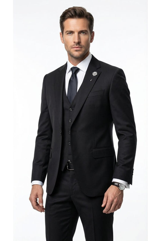 Erkek Klasik Slim Fit Takım Elbise – Notch Yaka, Yaka Punto Dikişli, Tek Düğmeli, Çift Yırtmaçlı - Siyah