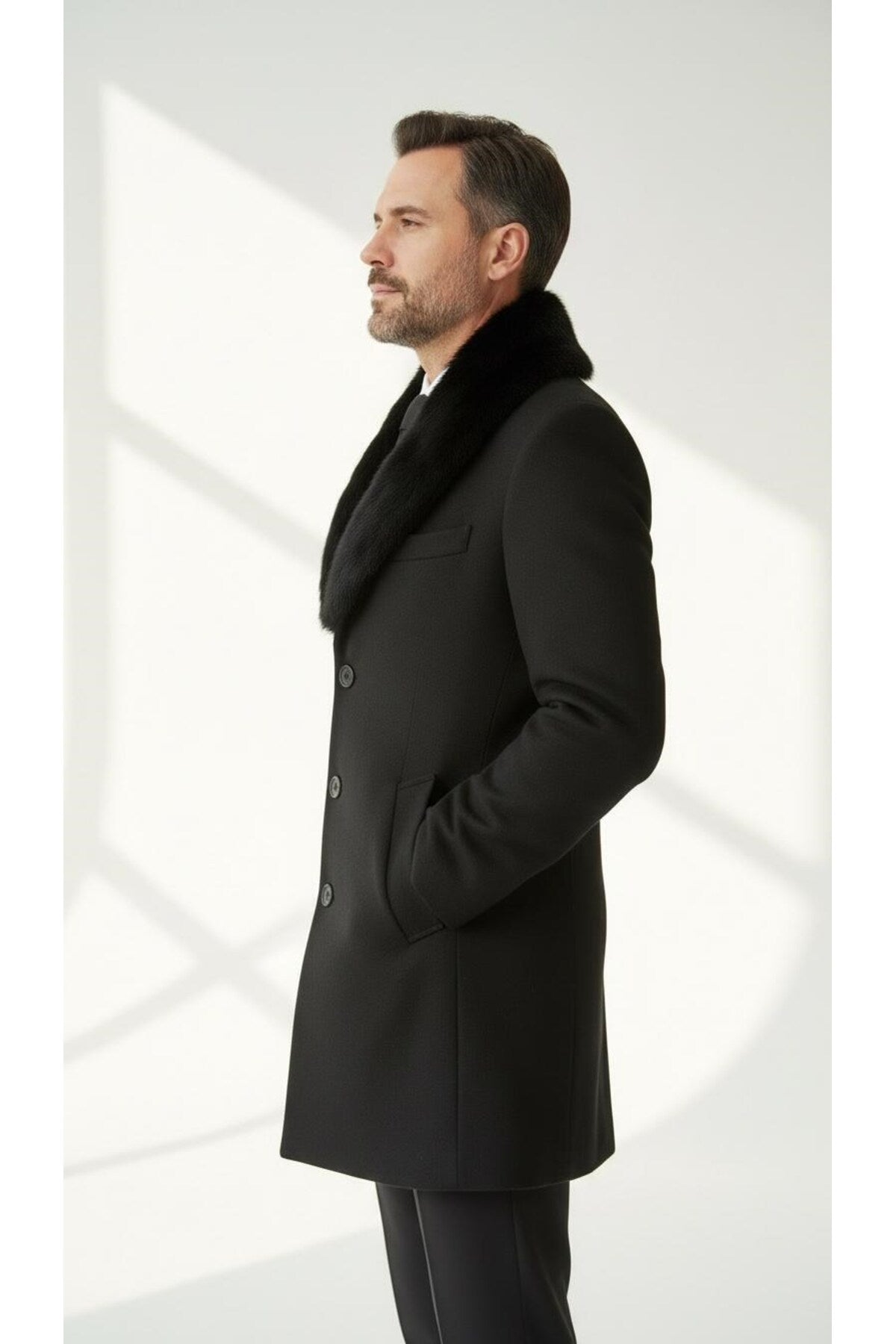 Erkek Uzun Kaşe Kaban – Çıkartılabilir Kürk Yaka, Astarlı ve Cepli Slim Fit Mont (Bej, - Siyah