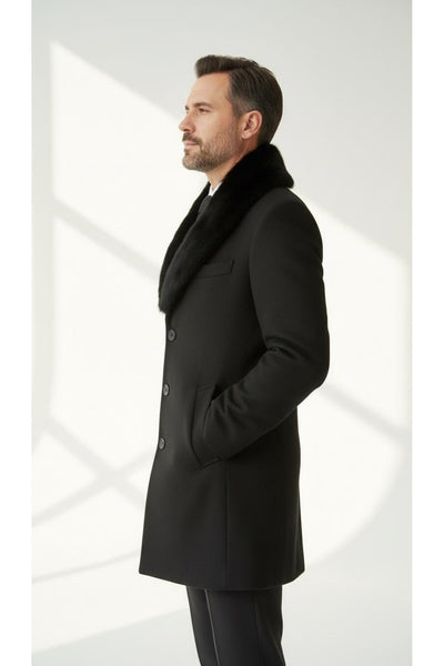 Erkek Uzun Kaşe Kaban – Çıkartılabilir Kürk Yaka, Astarlı ve Cepli Slim Fit Mont (Bej, - Siyah