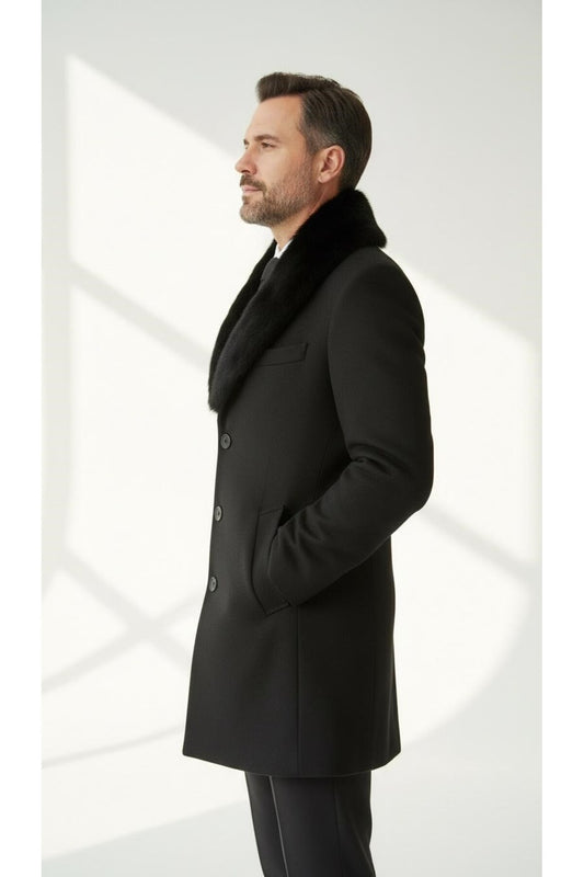 Erkek Uzun Kaşe Kaban – Çıkartılabilir Kürk Yaka, Astarlı ve Cepli Slim Fit Mont (Bej, - Siyah