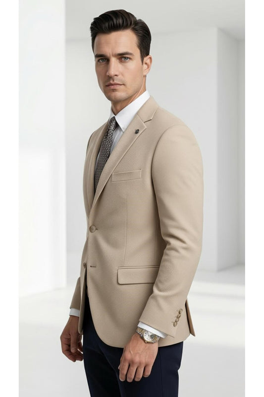 Slim Fit Mikro Desenli Erkek Ceket Yazlık Pike Kumaş Çift Yırtmaç Blazer - Bej