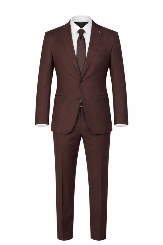 Erkek Klasik 2’li Takım Elbise 2 Düğmeli Slim Fit Esnek Kumaş Çift Yırtmaçlı 7 Drop - Kahverengi