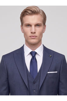 Erkek 3 Parça Slim Fit Çift Yırtmaçlı Takım Elbise Yelekli Şık Klasik Takım 6 Drop - Lacivert