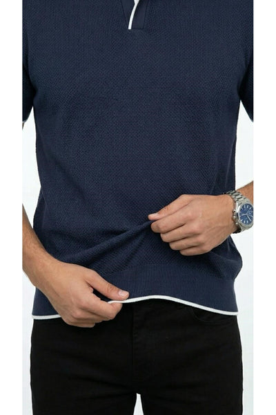 Erkek Pike Dokulu Triko Polo Yaka Tişört Slim Fit Şerit Detaylı Yazlık Model - Lacivert
