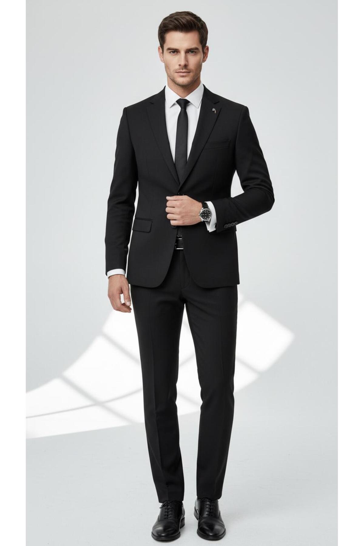 Erkek Slim Fit Mikro Desenli Takım Elbise 2 Düğmeli Çift Yırtmaçlı Modern Ceket Pantolon Takım - Siyah