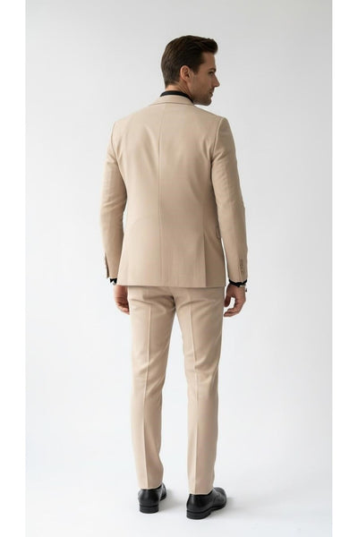 Erkek Klasik Slim Fit Armürlü Kumaş Tek Düğmeli Çift Yırtmaçlı Klasik Yaka Takım Elbise 7 Drop - Bej