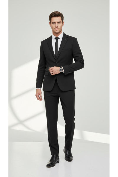 Erkek Slim Fit Mikro Desenli Takım Elbise 2 Düğmeli Çift Yırtmaçlı Modern Ceket Pantolon Takım - Siyah