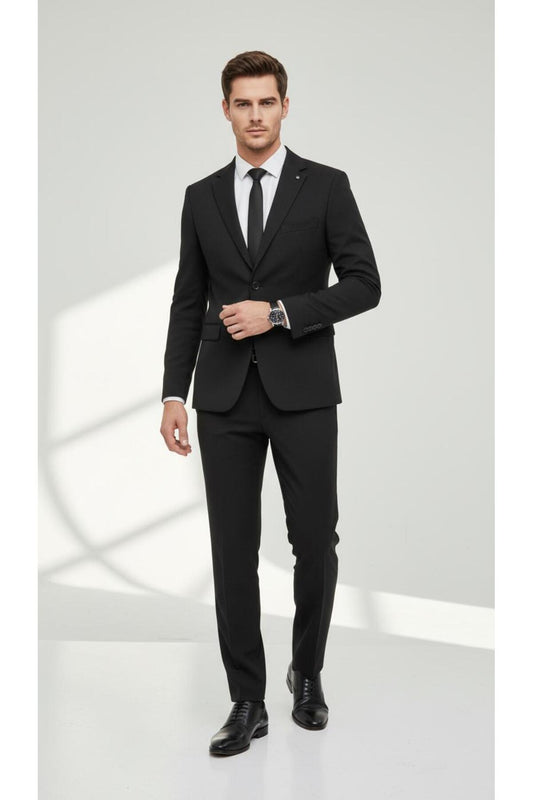 Erkek Slim Fit Mikro Desenli Takım Elbise 2 Düğmeli Çift Yırtmaçlı Modern Ceket Pantolon Takım - Siyah