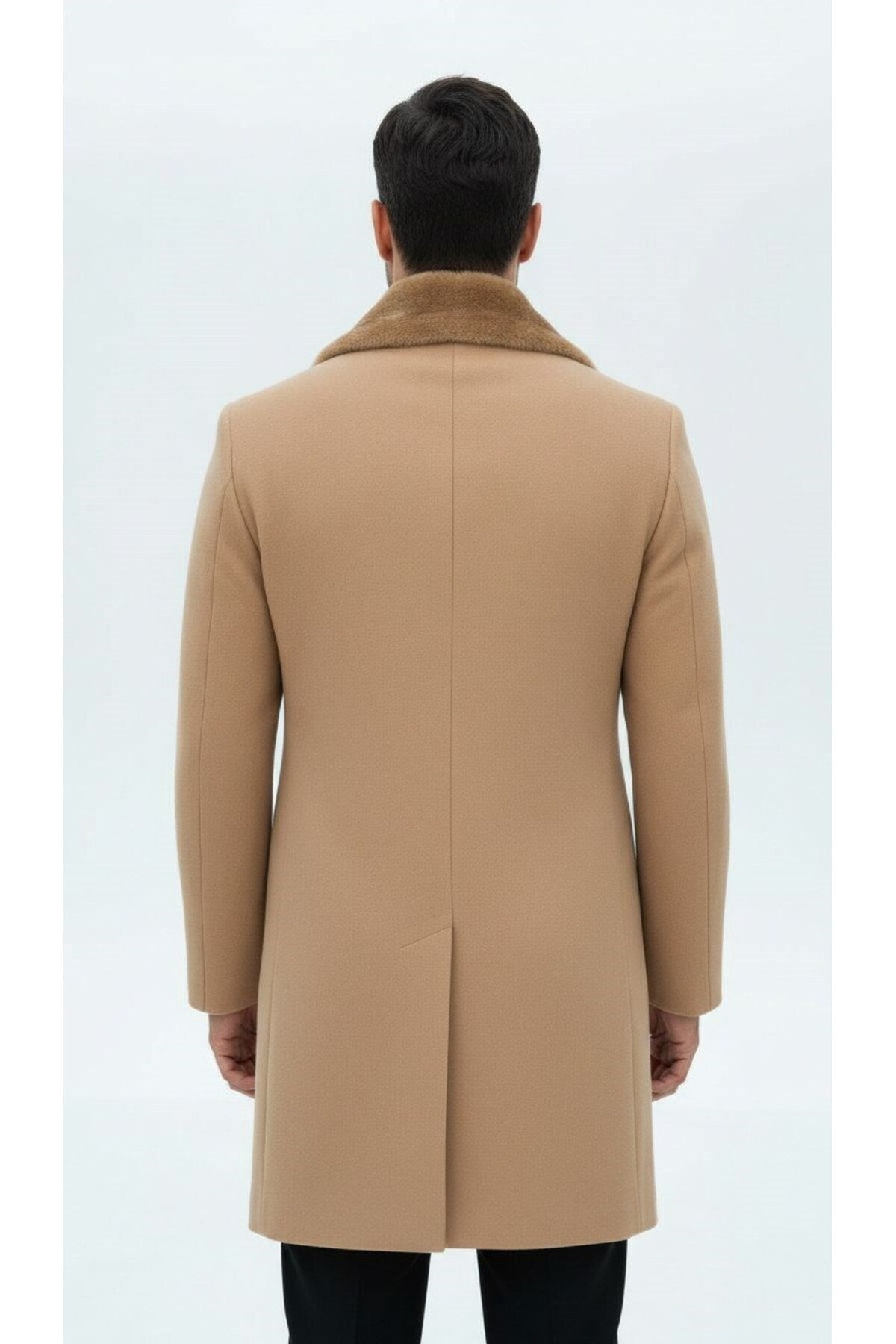 Erkek Uzun Kaşe Kaban – Çıkartılabilir Kürk Yaka, Astarlı ve Cepli Slim Fit Mont (Bej, - Bej
