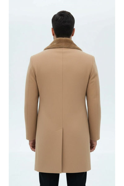 Erkek Uzun Kaşe Kaban – Çıkartılabilir Kürk Yaka, Astarlı ve Cepli Slim Fit Mont (Bej, - Bej