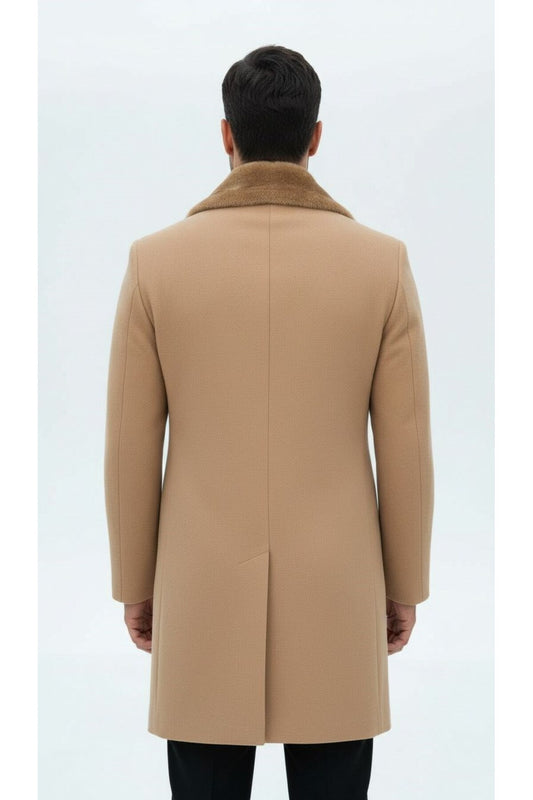 Erkek Uzun Kaşe Kaban – Çıkartılabilir Kürk Yaka, Astarlı ve Cepli Slim Fit Mont (Bej, - Bej