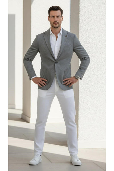 Erkek Slim Fit Blazer Ceket Tek Düğmeli Çift Yırtmaçlı Torba Cepli Yarım Astarlı - Gri