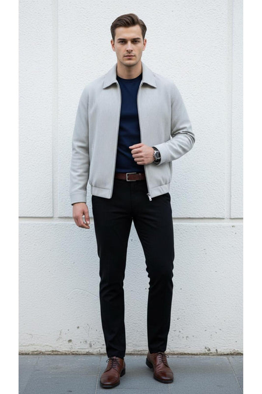 Slim Fit Fitilli Dokulu Erkek Fermuarlı Mont Ceket Günlük Şık Kombin - Gri