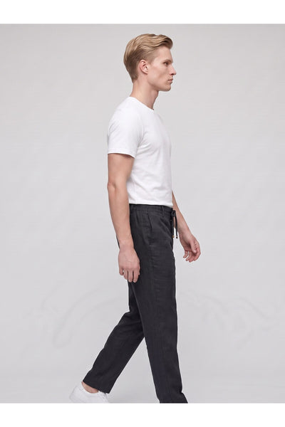 Erkek Keten Pantolon – Bağcıklı Bel, Slim Fit Rahat Kesim Yazlık Pantolon - Siyah