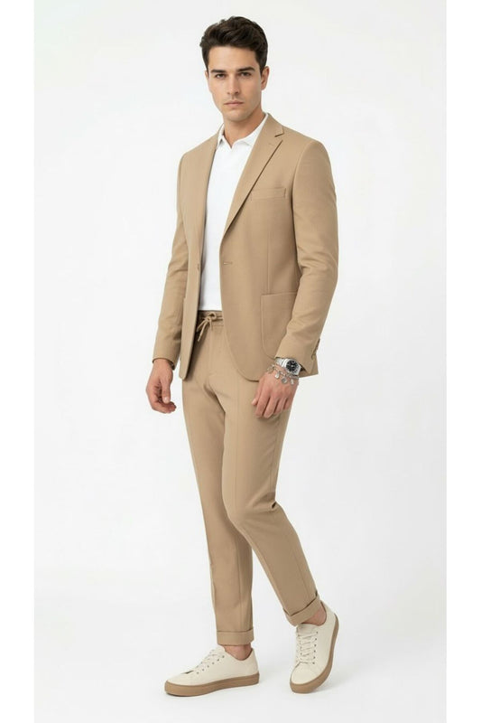 Pike Kumaş Jogger Pantolonlu Erkek Takım Elbise – Torba Cepli Tek Düğme Slim Fit Kombin - Bej