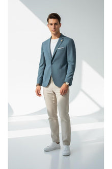 Erkek Slim Fit Blazer Ceket Tek Düğmeli Çift Yırtmaçlı Torba Cepli Yarım Astarlı - Mavi