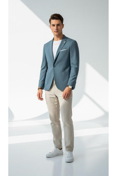 Erkek Slim Fit Blazer Ceket Tek Düğmeli Çift Yırtmaçlı Torba Cepli Yarım Astarlı - Mavi