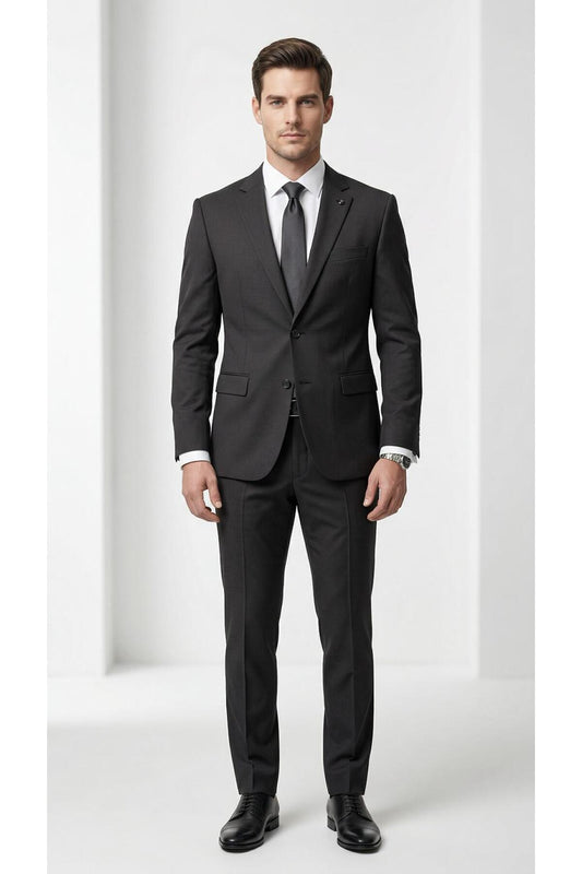 Erkek Slim Fit Mikro Desenli Takım Elbise 2 Düğmeli Çift Yırtmaçlı Modern Ceket Pantolon Takım - Siyah