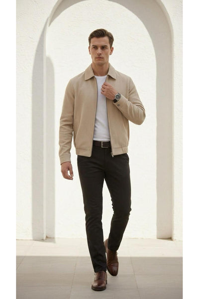 Slim Fit Fitilli Dokulu Erkek Fermuarlı Mont Ceket Günlük Şık Kombin - Bej