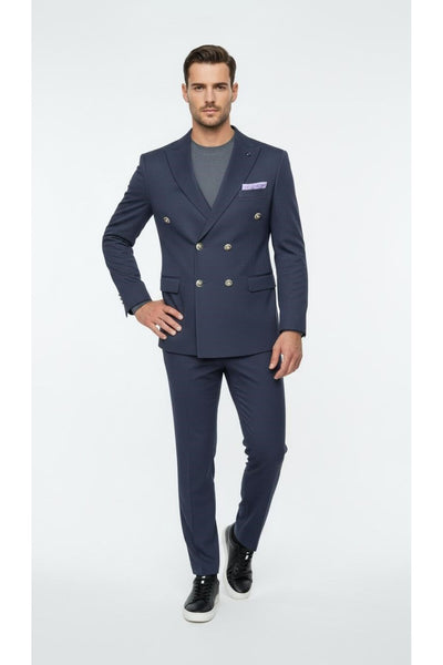 Erkek Kruvaze Gold Düğmeli Dokulu Likralı Kumaş Blazer Ceket – Modern Kesim Şık Tasarım - Lacivert