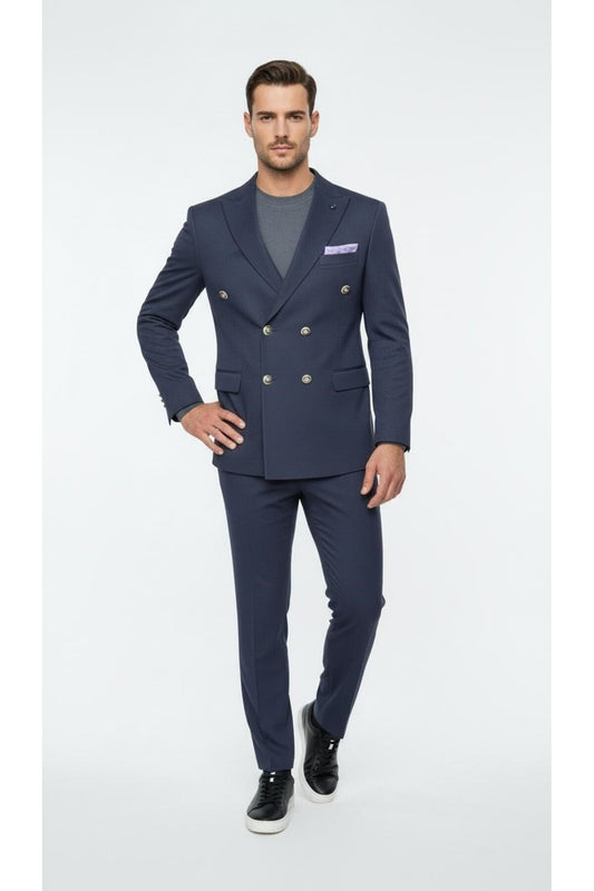 Erkek Kruvaze Gold Düğmeli Dokulu Likralı Kumaş Blazer Ceket – Modern Kesim Şık Tasarım - Lacivert
