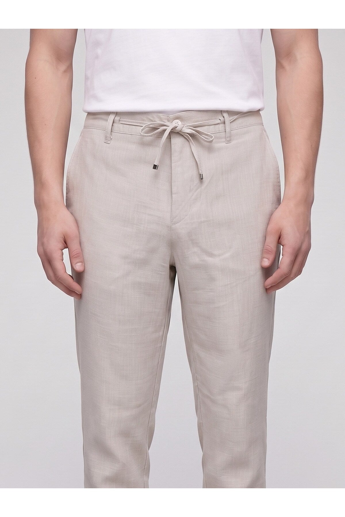 Erkek Keten Pantolon – Bağcıklı Bel, Slim Fit Rahat Kesim Yazlık Pantolon - Bej
