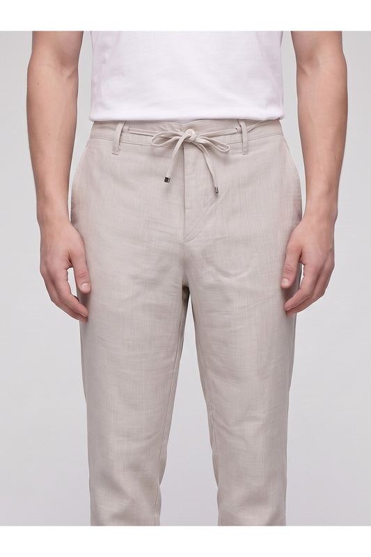 Erkek Keten Pantolon – Bağcıklı Bel, Slim Fit Rahat Kesim Yazlık Pantolon - Bej
