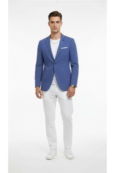 Erkek Slim Fit Blazer Ceket Tek Düğmeli Çift Yırtmaçlı Torba Cepli Yarım Astarlı - Mavi