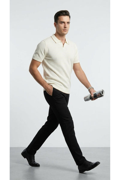 Erkek Pike Dokulu Triko Polo Yaka Tişört Slim Fit Şerit Detaylı Yazlık Model - Bej