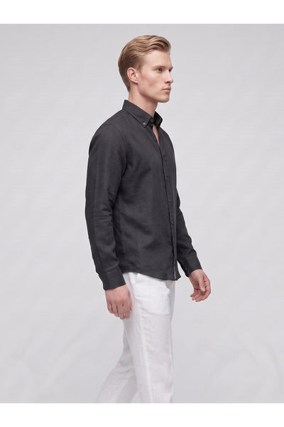 Erkek Keten Müslin Gömlek – Slim Fit Düğmeli Yaka Uzun Kollu Yazlık Gömlek - Siyah