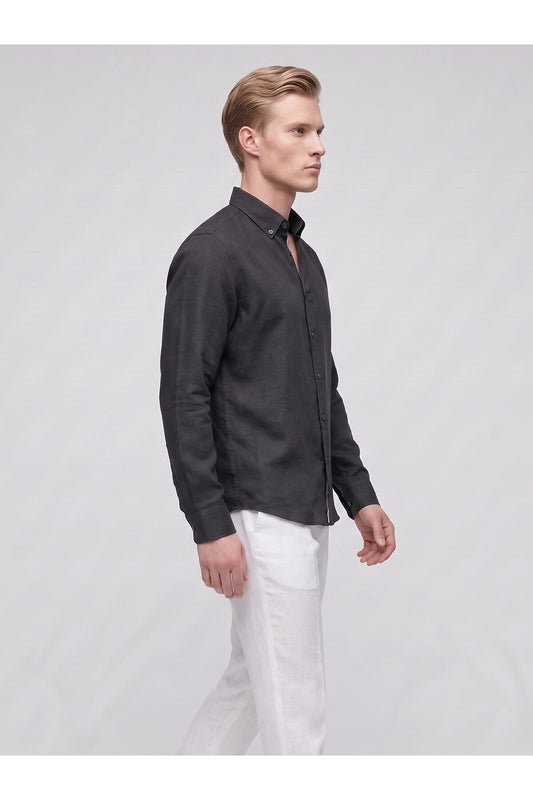 Erkek Keten Müslin Gömlek – Slim Fit Düğmeli Yaka Uzun Kollu Yazlık Gömlek - Siyah