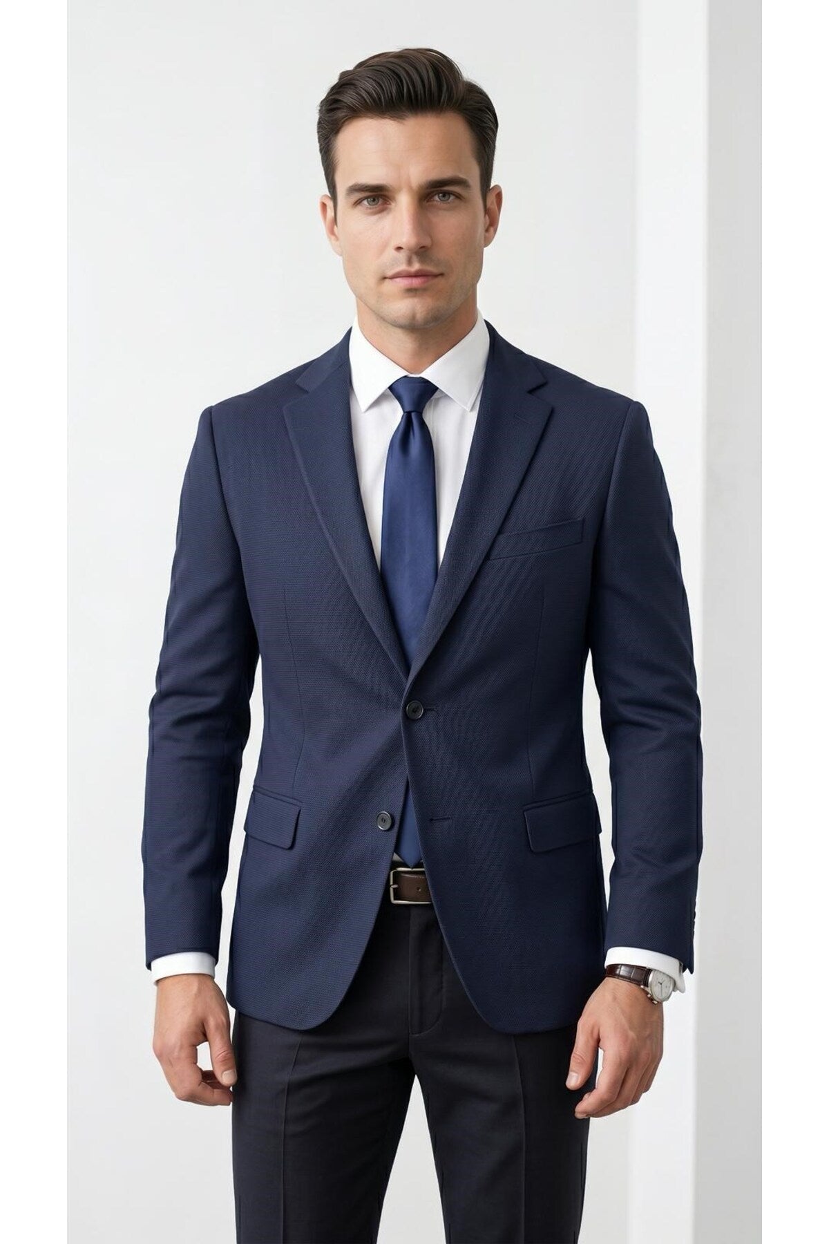 Slim Fit Mikro Desenli Erkek Ceket Yazlık Pike Kumaş Çift Yırtmaç Blazer - Lacivert