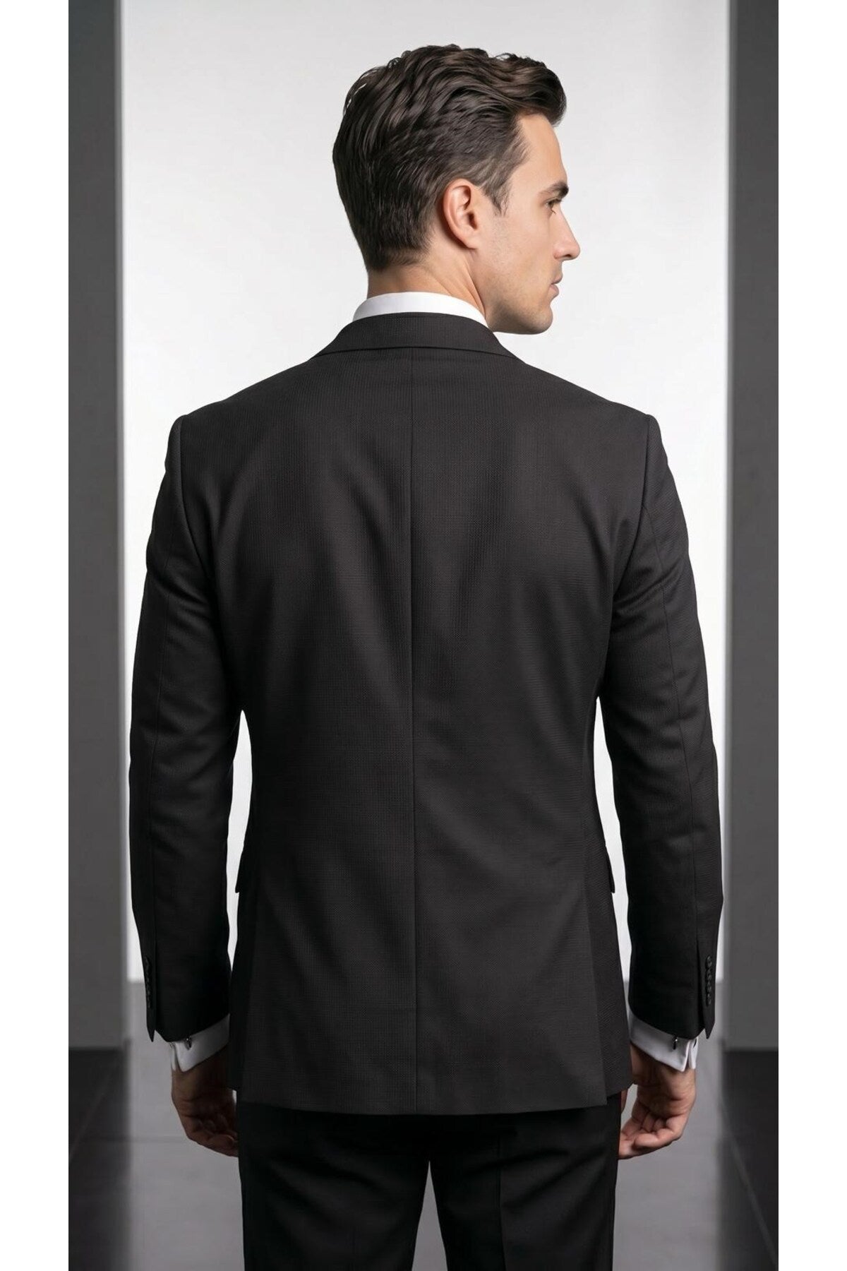 Slim Fit Mikro Desenli Erkek Ceket Yazlık Pike Kumaş Çift Yırtmaç Blazer - Siyah