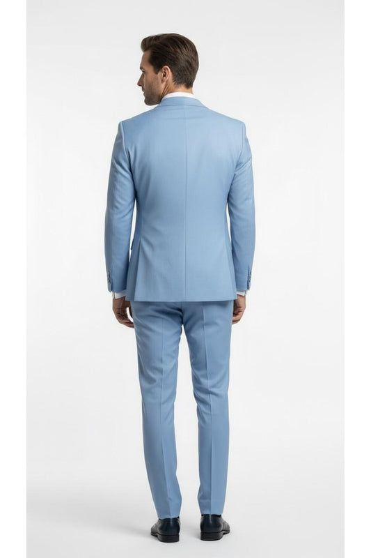 Erkek 3 Parça Slim Fit Takım Elbise –Klasik Likralı Kumaş, Tek Düğme, Çift Yırtmaçlı Modern Kesim ( - Mavi