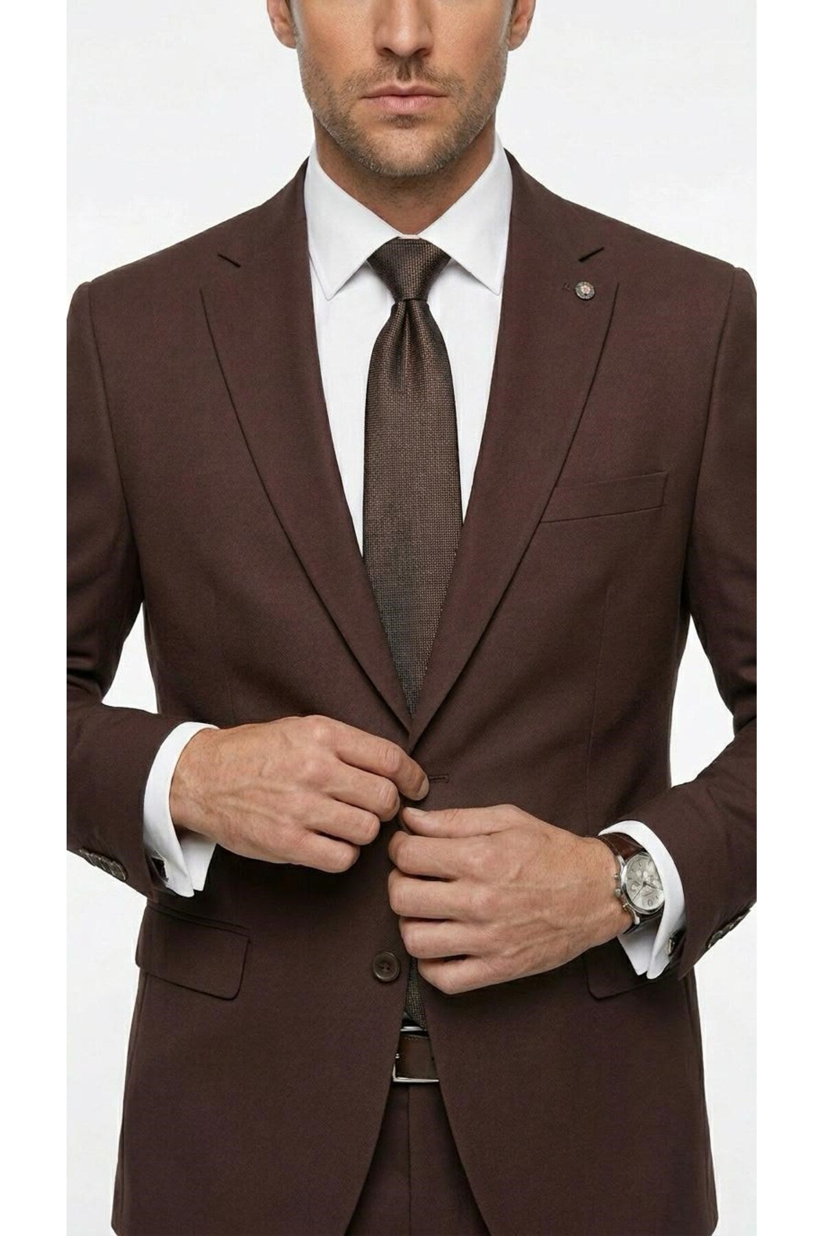 Erkek Klasik 2’li Takım Elbise 2 Düğmeli Slim Fit Esnek Kumaş Çift Yırtmaçlı 7 Drop - Kahverengi
